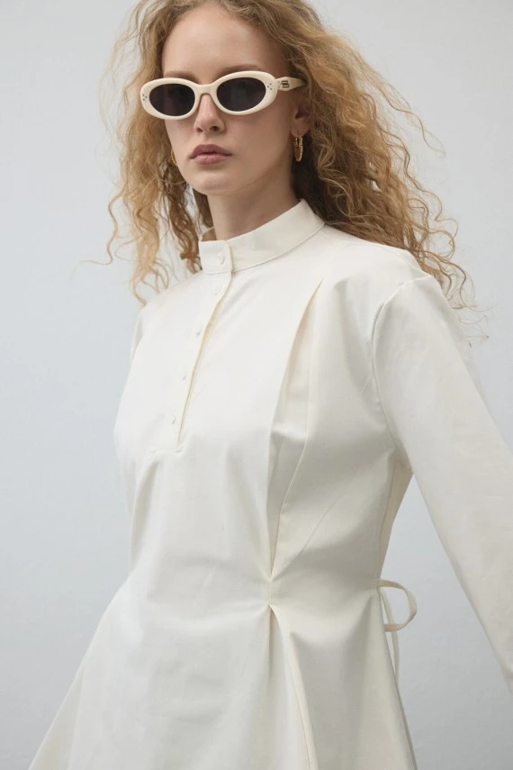 Ekru Volanlı Gabardin Tunik - 6