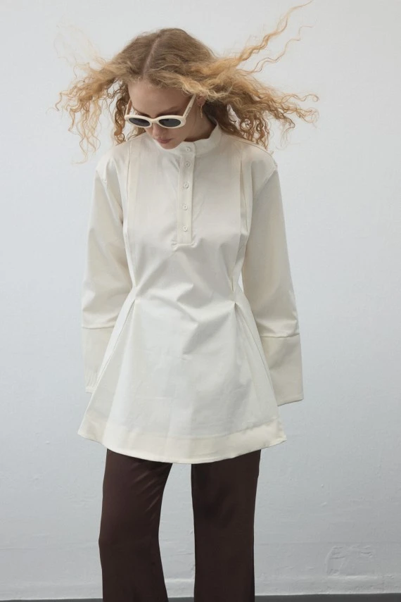 Ekru Volanlı Gabardin Tunik - 2