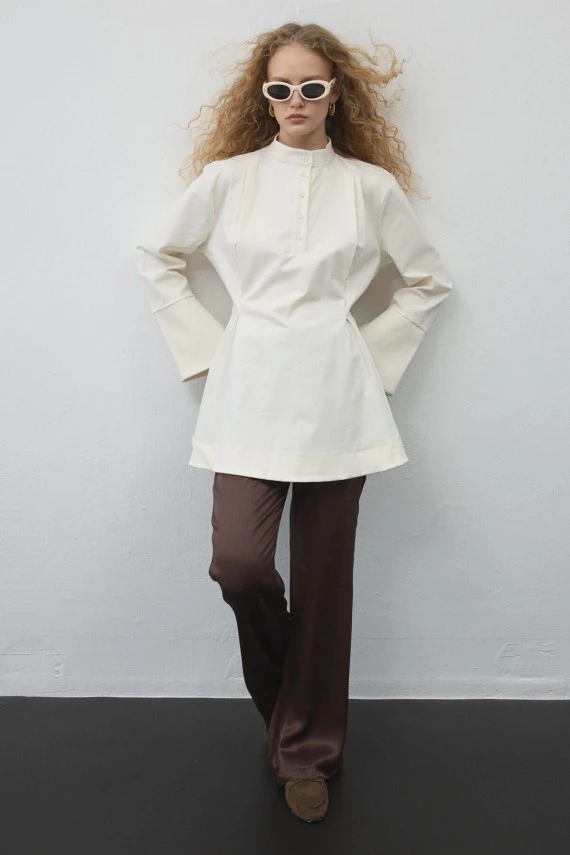 Ekru Volanlı Gabardin Tunik - 1
