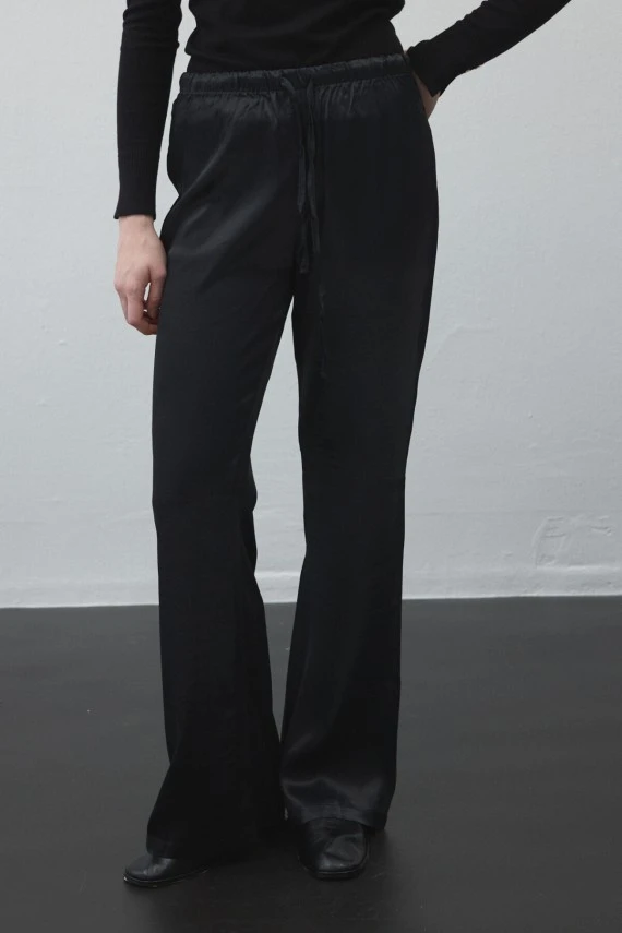 Black Elastic Waist Satin Palazzo Pants - 3