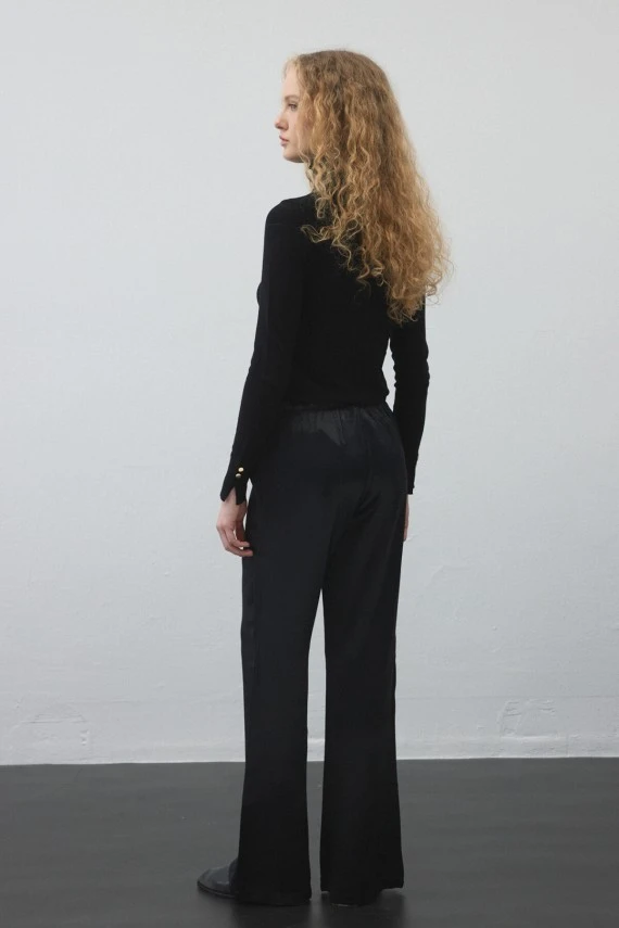 Black Elastic Waist Satin Palazzo Pants - 6