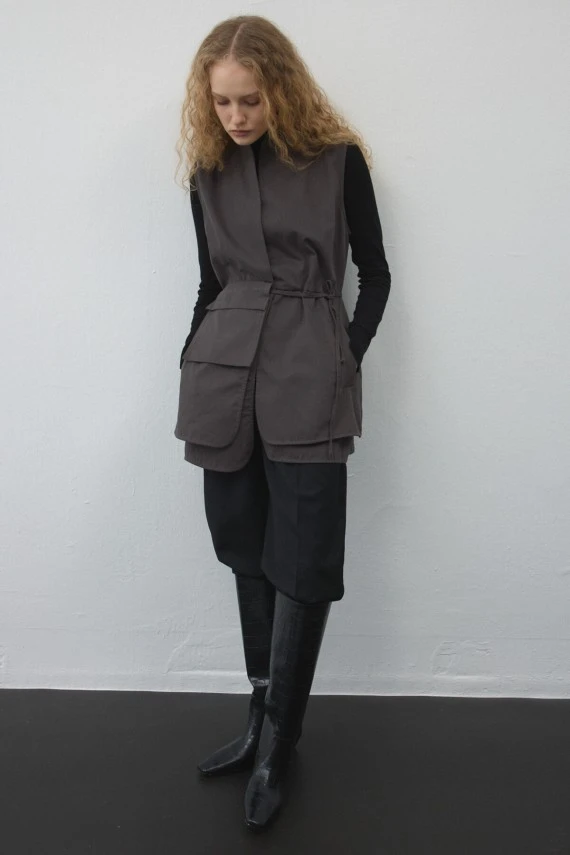 Khaki Gabardine Pocketed Belted Vest - 1