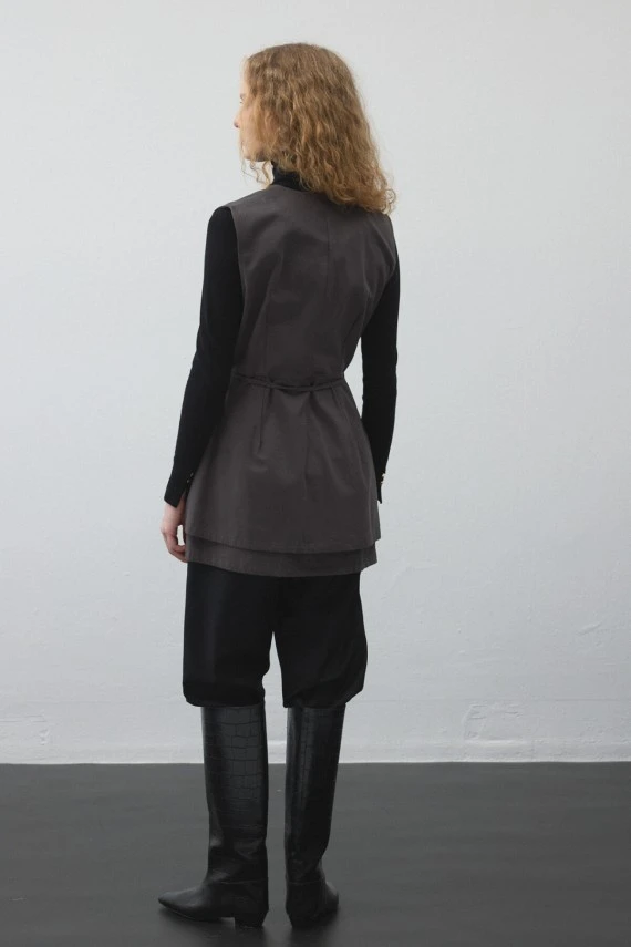 Khaki Gabardine Pocketed Belted Vest - 7