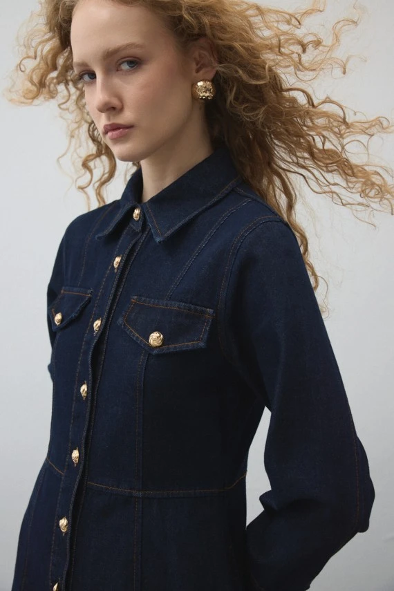 Denim Dress with Stitch Detailing - 4