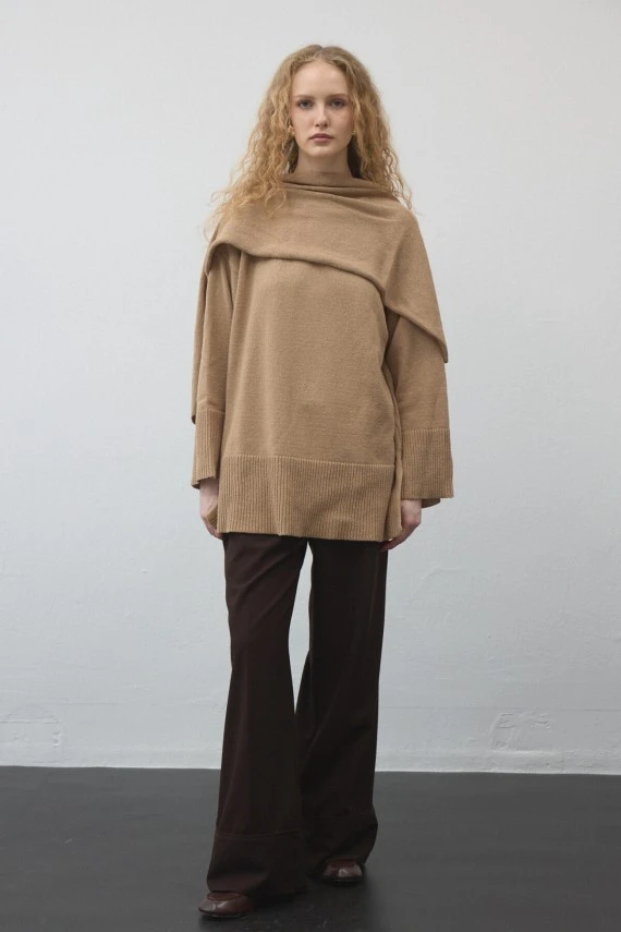 Camel Knit Sweater With Scarf - 2