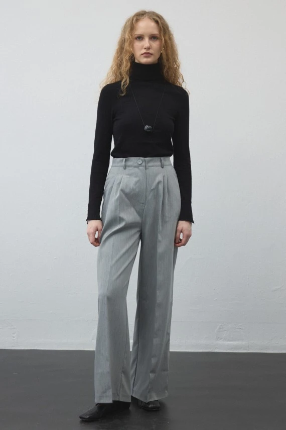 Grey Pleated Palazzo Trousers - 1
