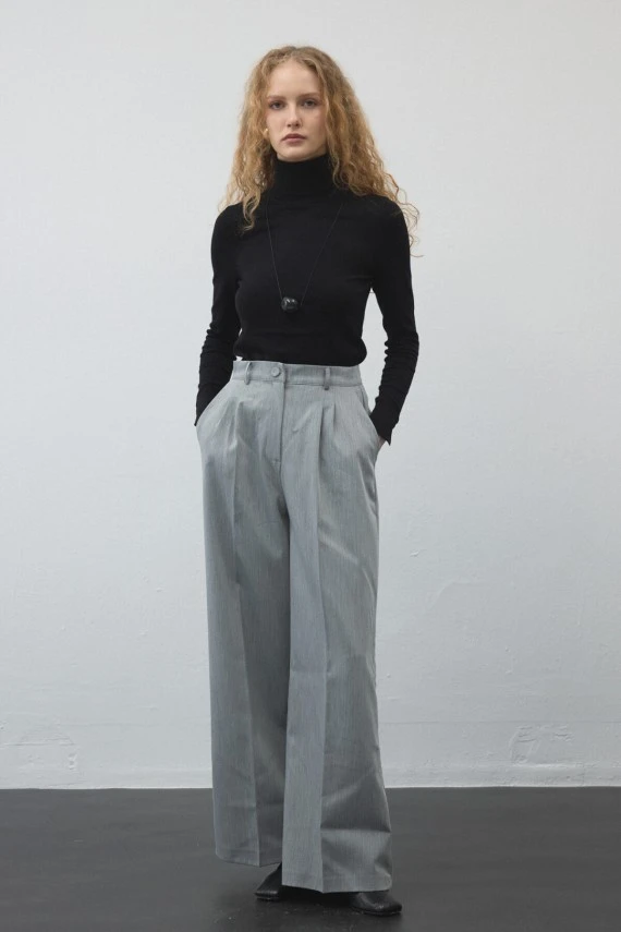 Grey Pleated Palazzo Trousers - 3