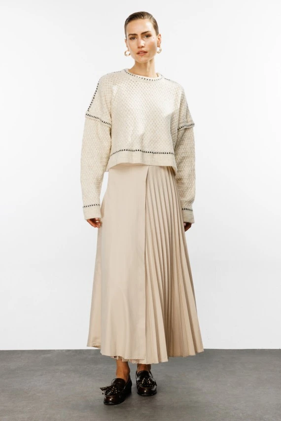 Beige Pleated Detail Skirt - 1
