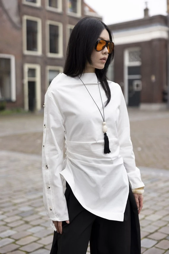 Ekru Asimetrik Gabardin Gömlek - 1