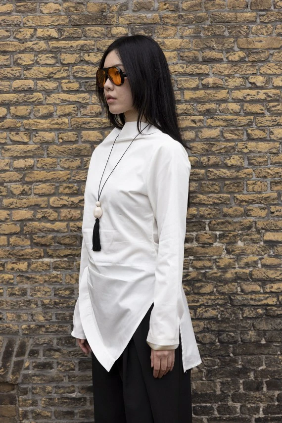 Ekru Asimetrik Gabardin Gömlek - 5