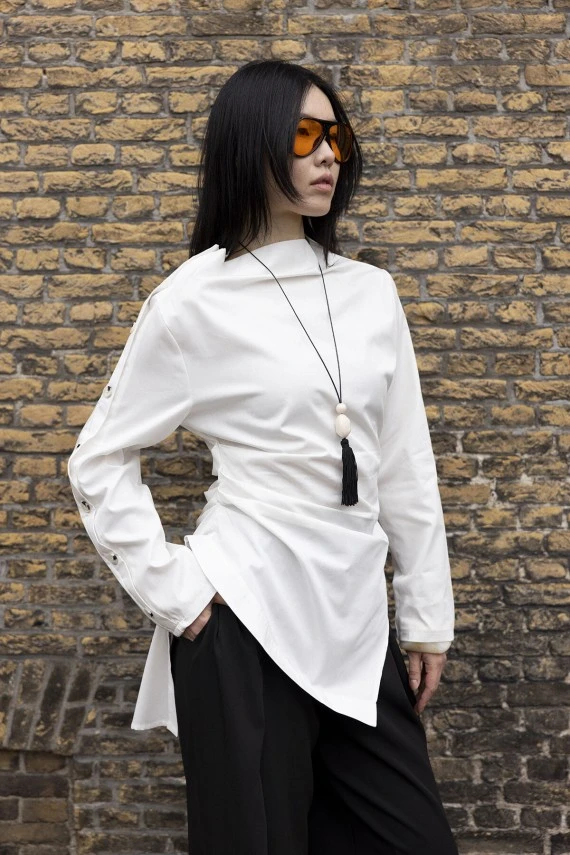 Ekru Asimetrik Gabardin Gömlek - 6