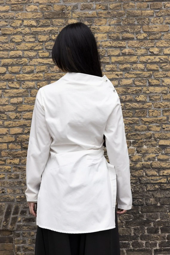 Ekru Asimetrik Gabardin Gömlek - 7