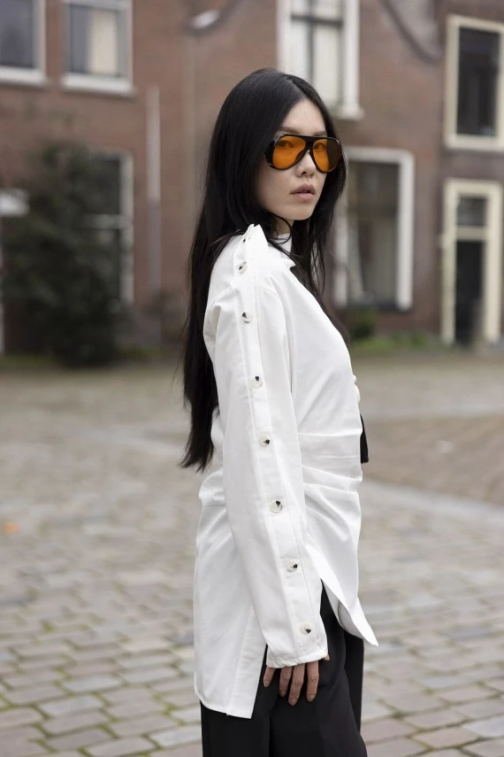 Ekru Asimetrik Gabardin Gömlek - 4