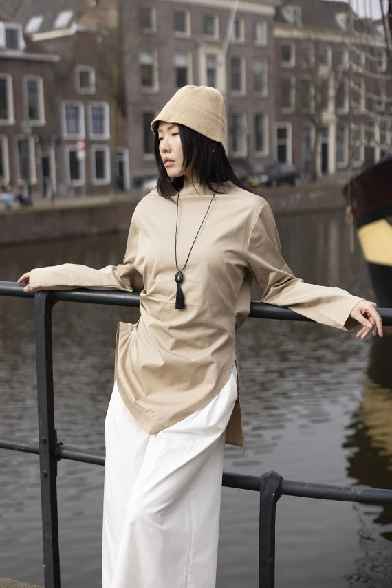 Bej Asimetrik Gabardin Gömlek - 2