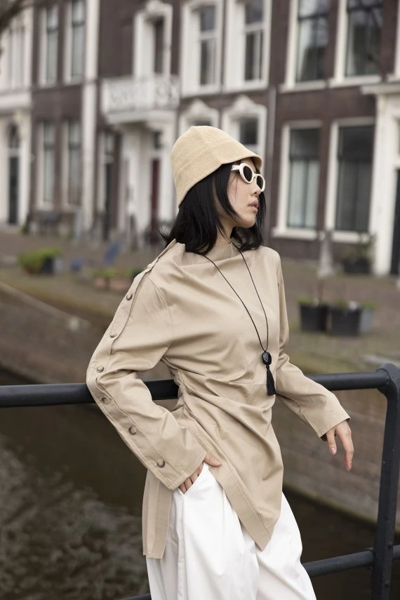 Bej Asimetrik Gabardin Gömlek - 3