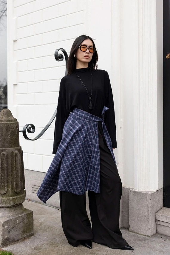 Lacivert Ekose Bağlamalı Etek - 1