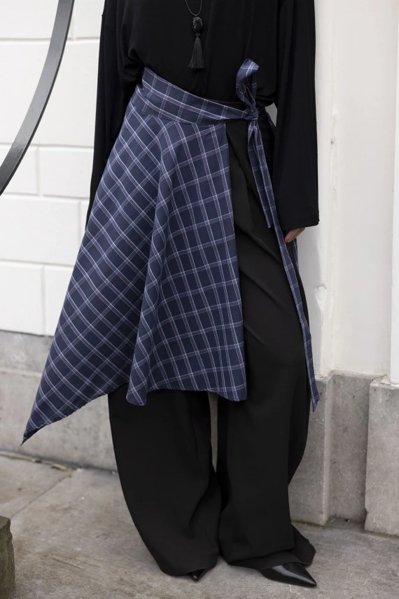 Lacivert Ekose Bağlamalı Etek - 3