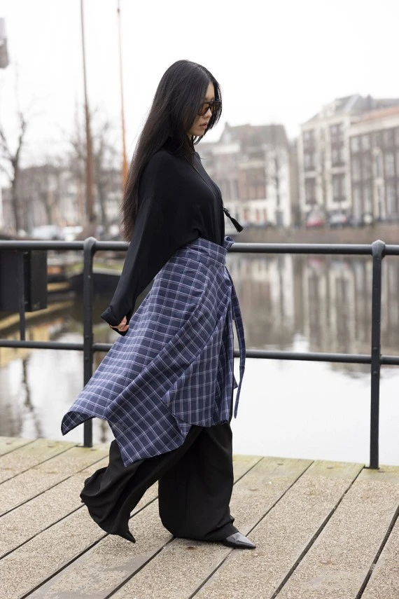 Lacivert Ekose Bağlamalı Etek - 6