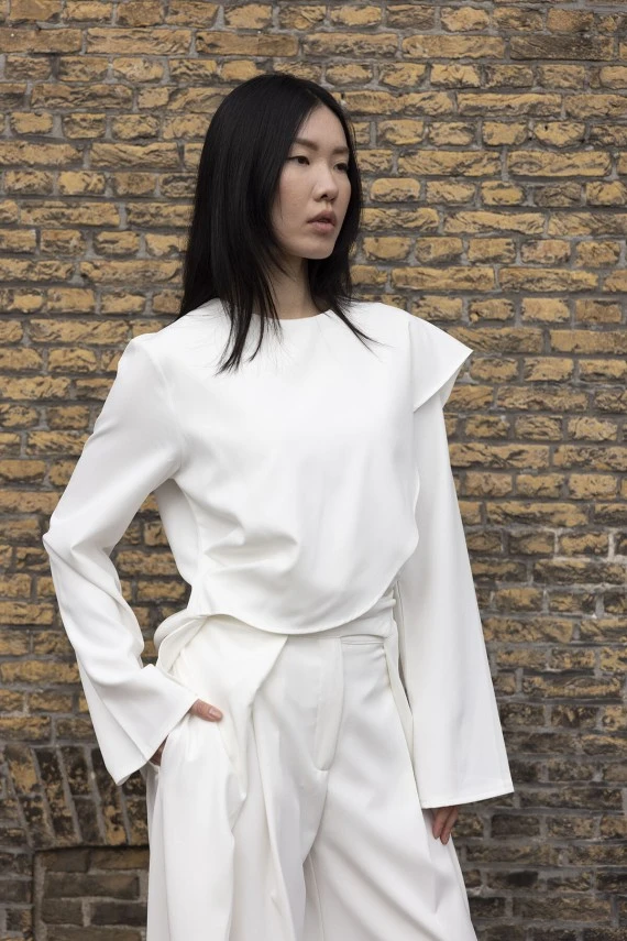 Ekru Drapeli Pelerin Bluz - 5