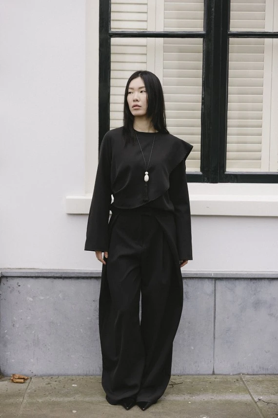 Black Pleated Wide-Leg Trousers - 2