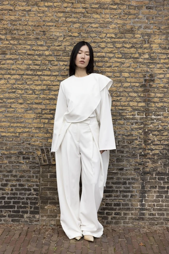 Ecru Pleated Wide-Leg Trousers - 1