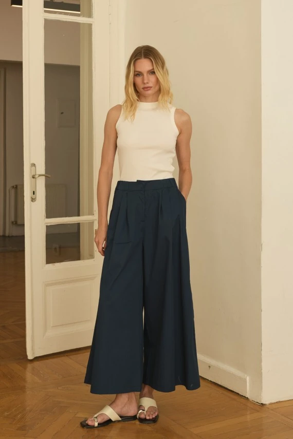 Lacivert Ön Pileli Culotte Pantolon - 3