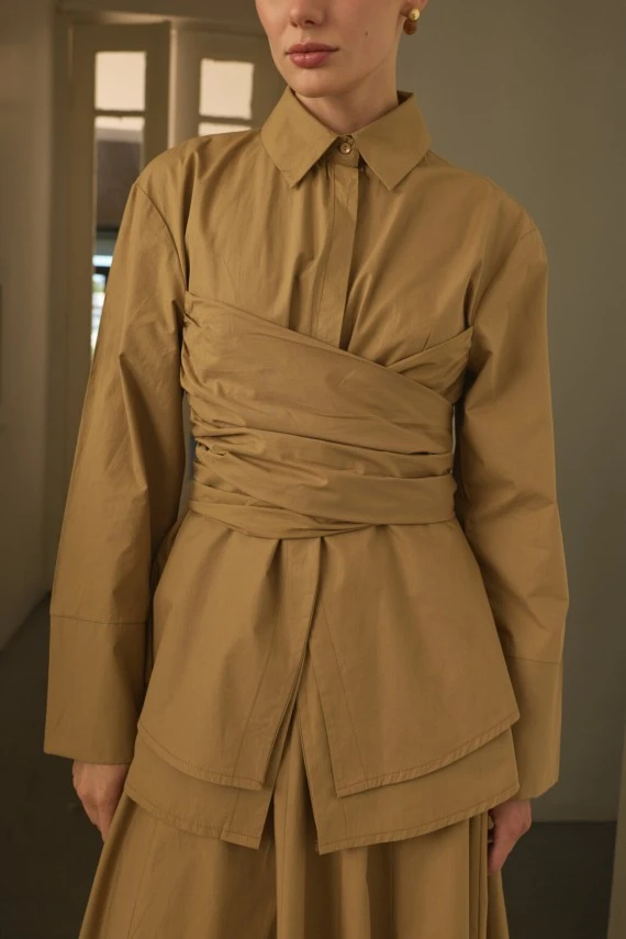 Camel Kuşaklı Poplin Gömlek - 5