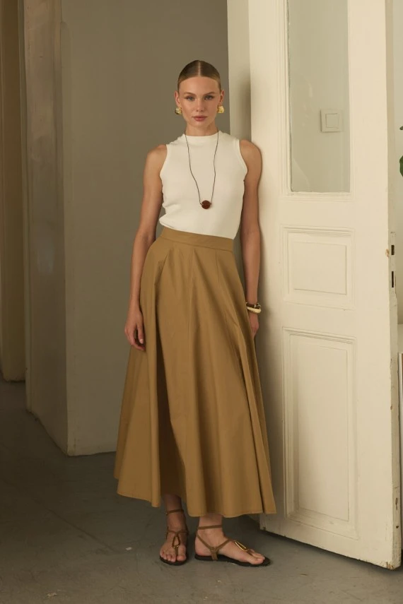 Camel Parçalı Poplin Etek - 1