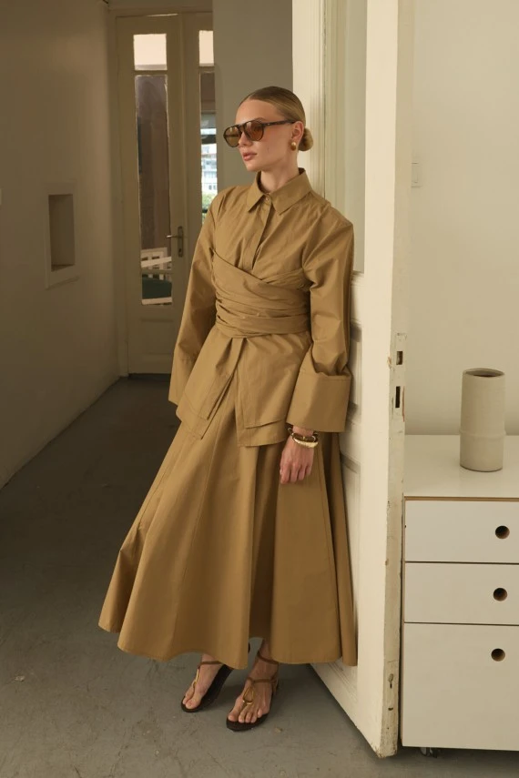 Camel Parçalı Poplin Etek - 3