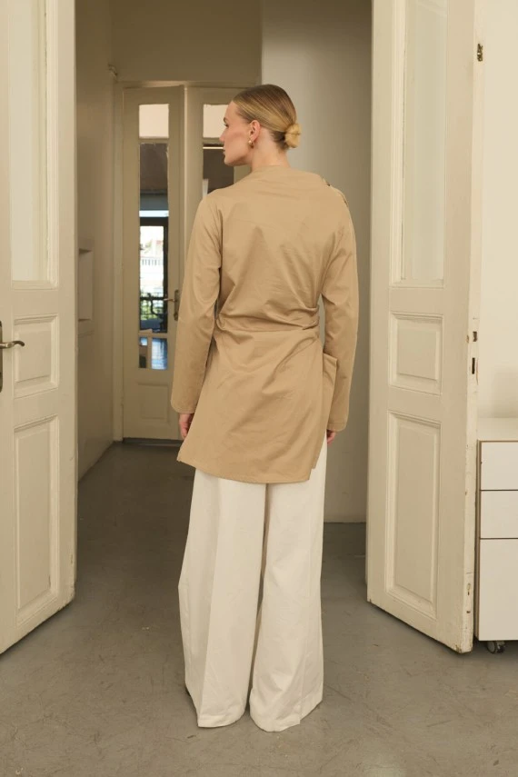 Bej Asimetrik Gabardin Gömlek - 10