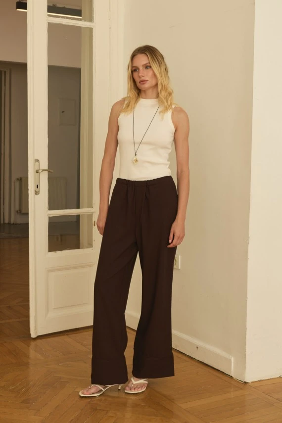 Dark Brown Elastic Waist Draped Pants - 1