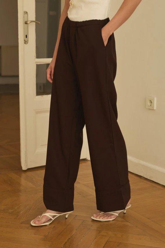 Dark Brown Elastic Waist Draped Pants - 2