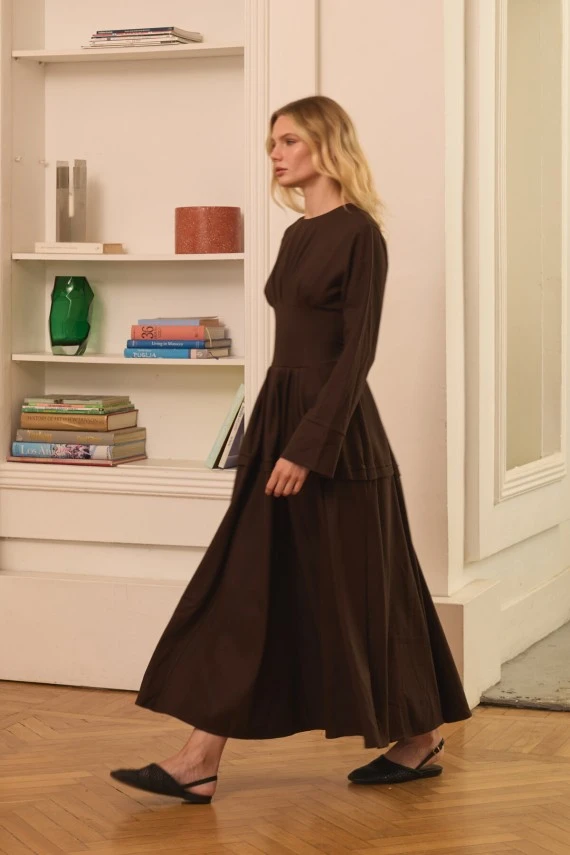 Dark Brown Pleated-Waist Dress - 5