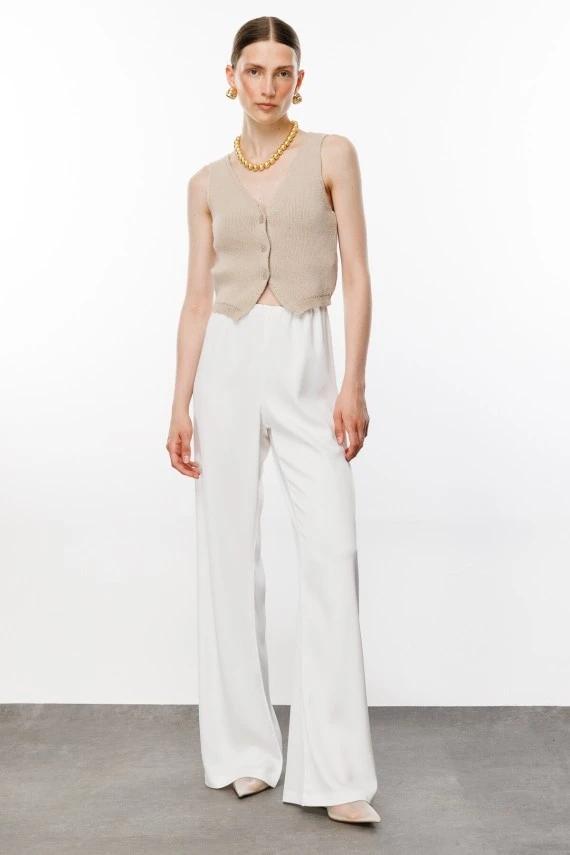 Ekru Beli Lastikli Saten Palazzo Pantolon - 3