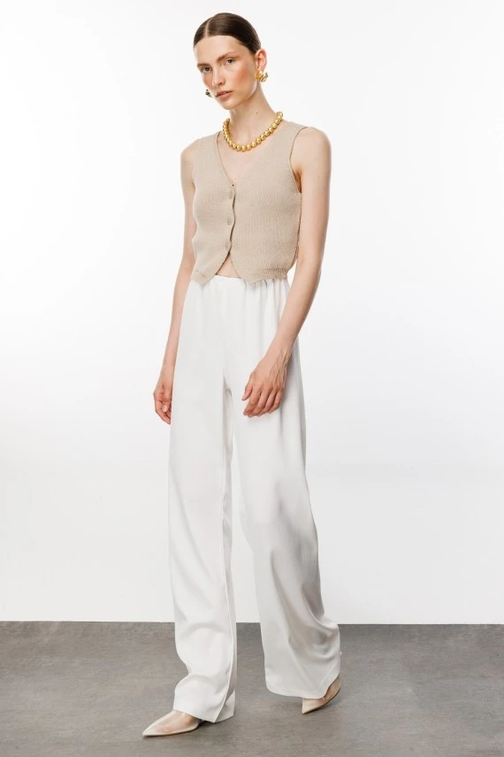Ekru Beli Lastikli Saten Palazzo Pantolon - 4