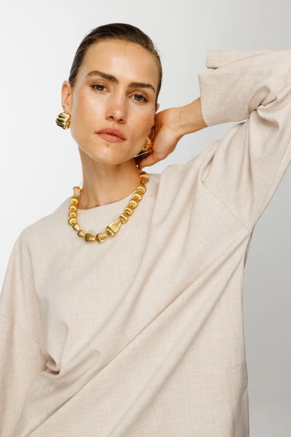 Beige Basic Blouse with Side Slits - 3