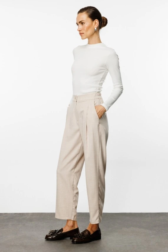 Beige Carrot Cut Pants with Pockets - 5