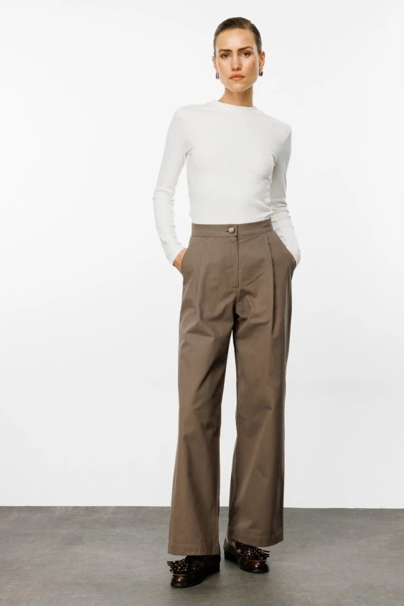 Beige Gabardine Palazzo Pants - 1