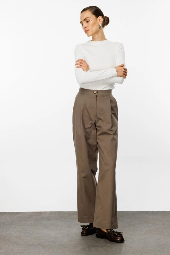 Beige Gabardine Palazzo Pants - 3