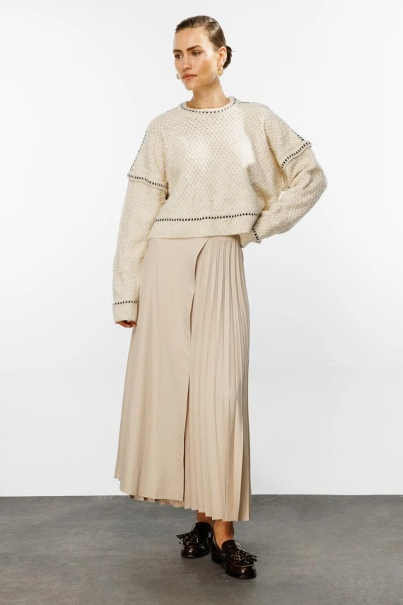 Beige Pleated Detail Skirt - 2