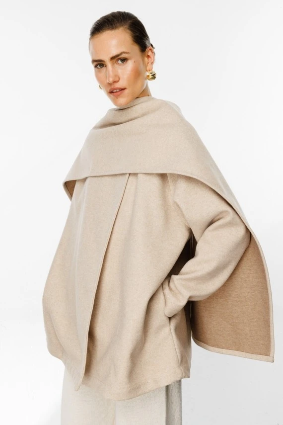 Beige Wool-Blend Jacket with Scarf - 2