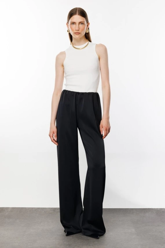 Black Elastic Waist Satin Palazzo Pants - 1