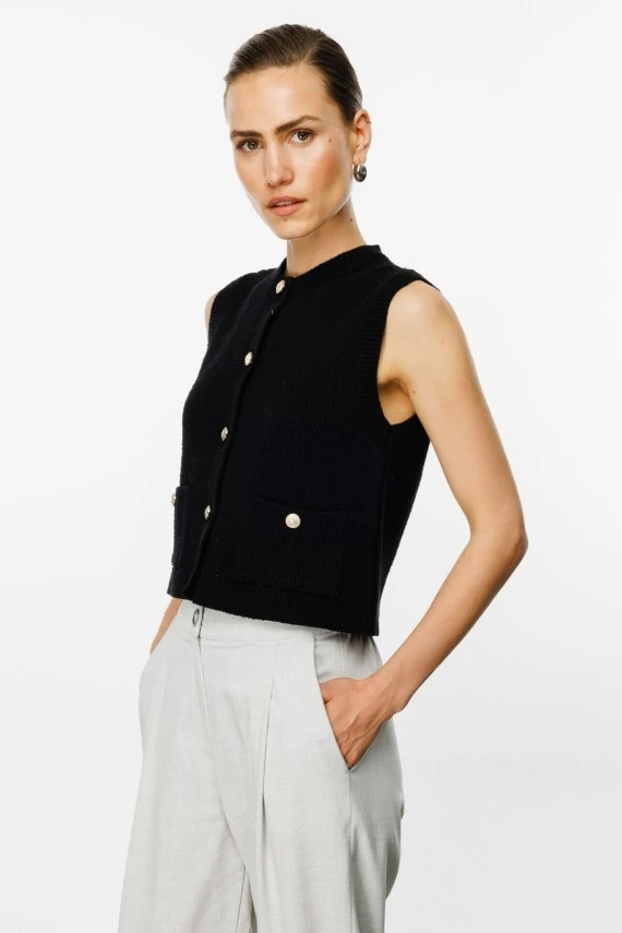 Black Knit Vest with Gold Buttons - 2