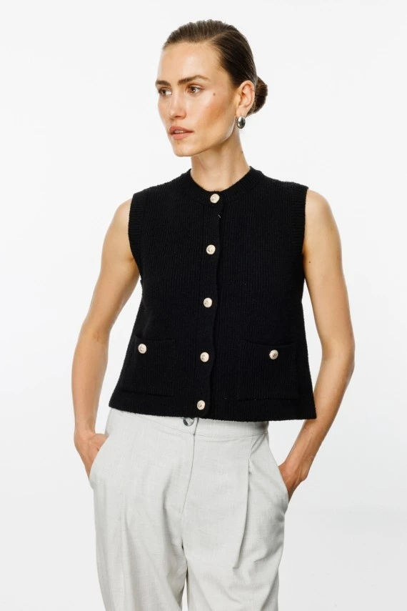 Black Knit Vest with Gold Buttons - 3