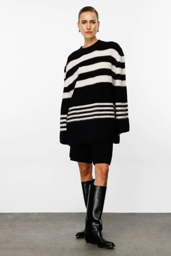 Black Striped Oversized Knit Cardigan - 1