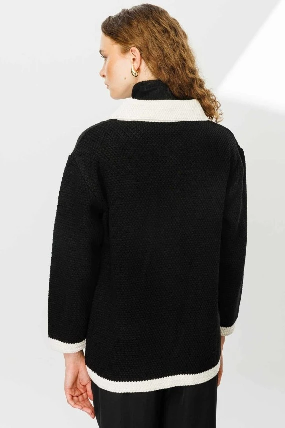 Black Textured Polo Collar Cardigan - 8