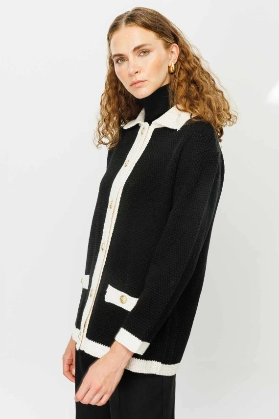 Black Textured Polo Collar Cardigan - 4