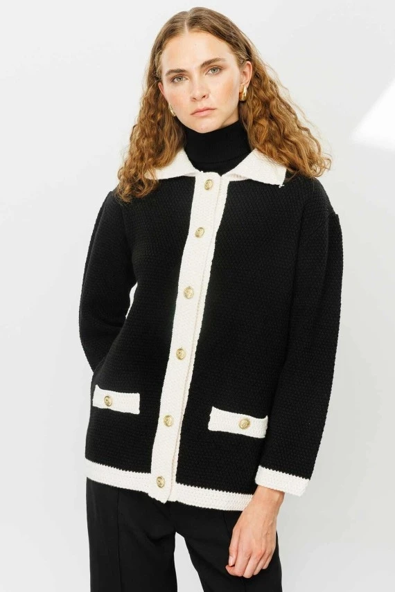 Black Textured Polo Collar Cardigan - 2