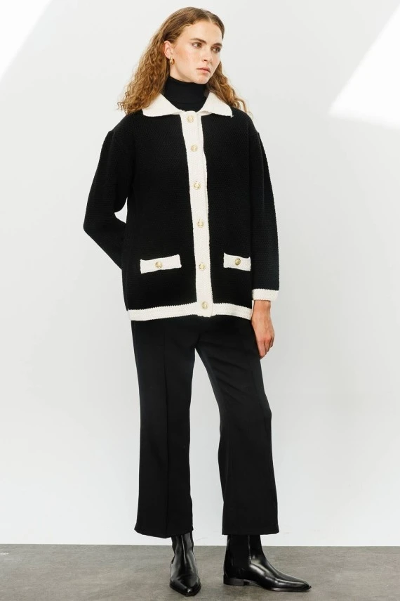 Black Textured Polo Collar Cardigan - 5