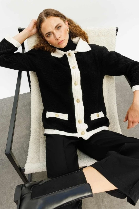 Black Textured Polo Collar Cardigan - 6